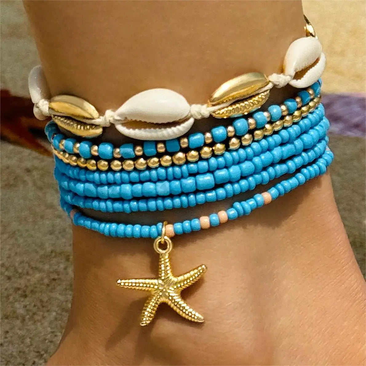 Bohemian Shell & Turquoise Choker – Handwoven Starfish Necklace for Summer Beach Style