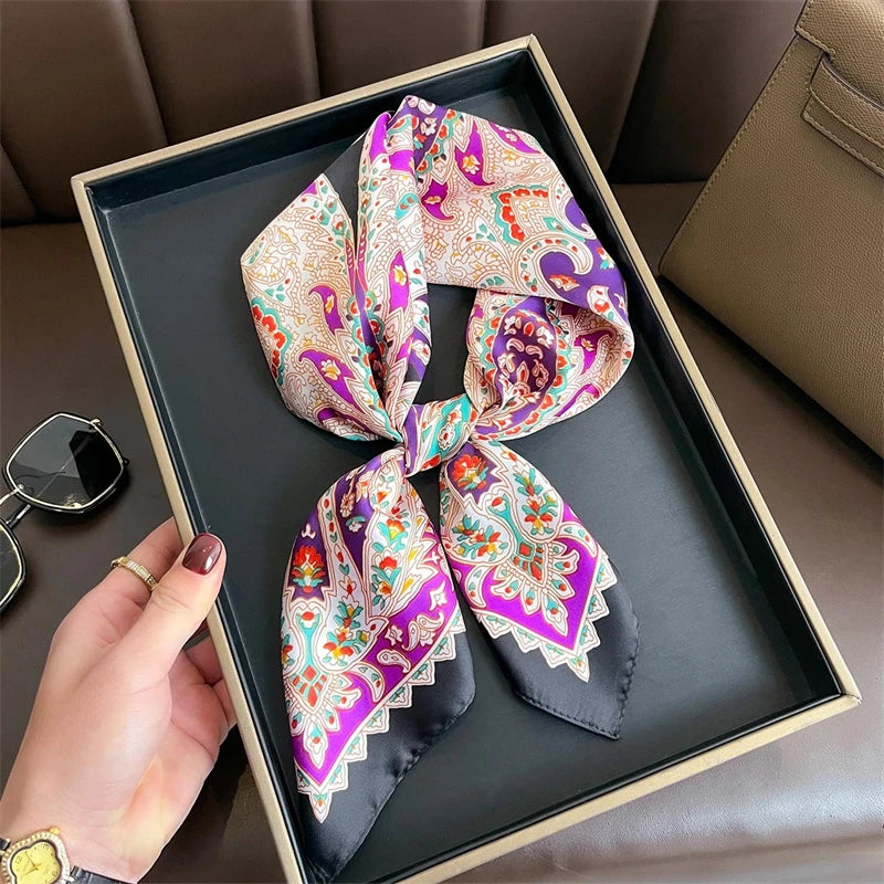 Bohemian Floral Silk Scarf – Luxury Square Satin Wrap for Hair, Neck & Hijab