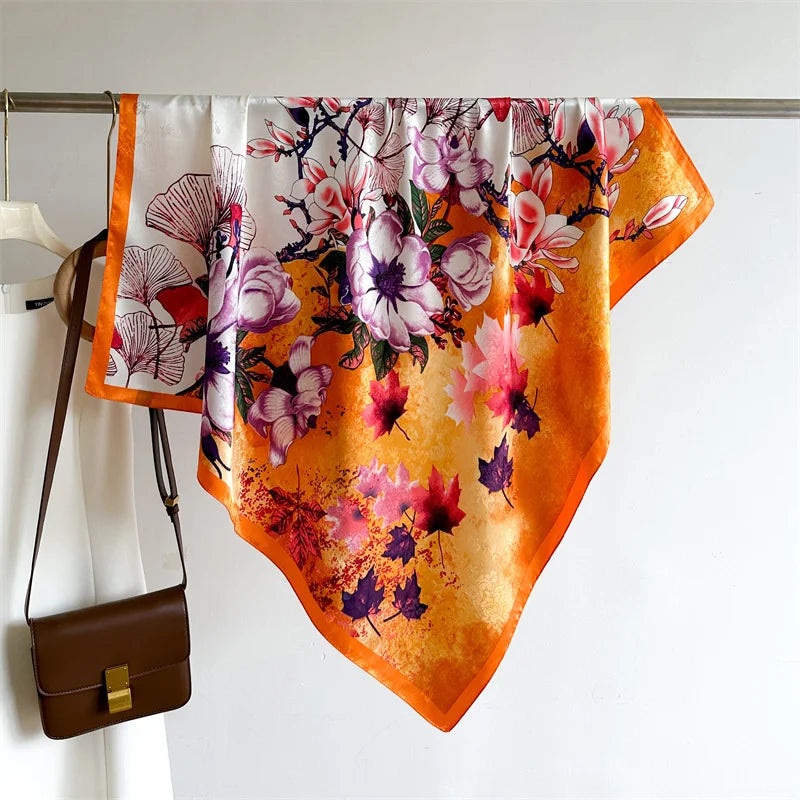 Silk Feel Scarf – Twill Square Wrap with Luxury Tree Print for Hair, Neck & Hijab
