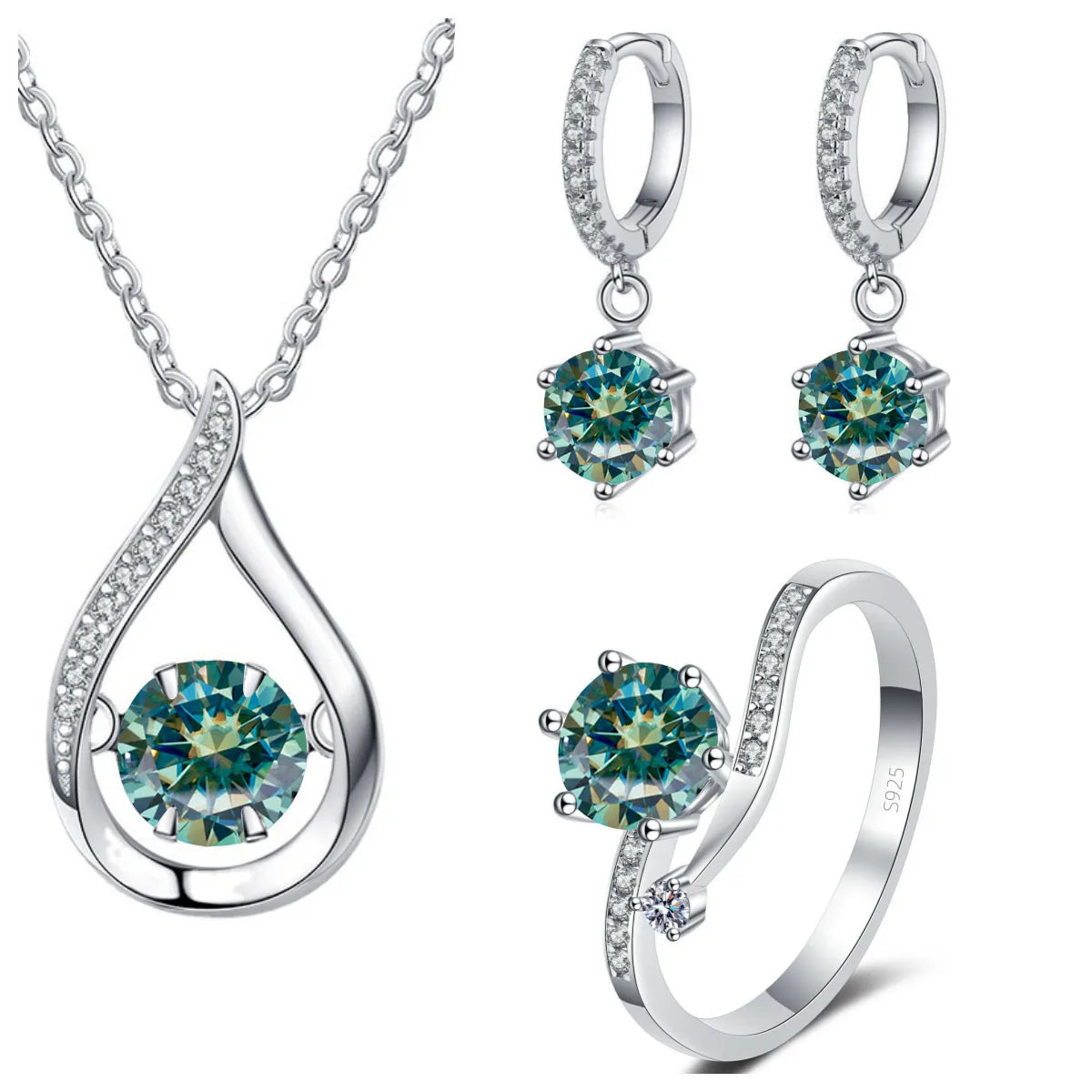 925 Silver Moissanite Jewelry Set – Solitaire Necklace, Ring & Stud Earrings for Men or Women