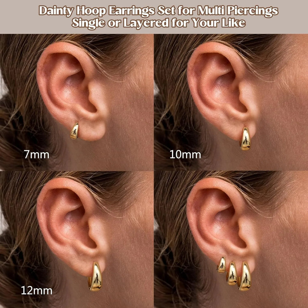 3-Pair Hoop Earring Set – Gold & Silver Plated Lightweight Hypoallergenic Huggies