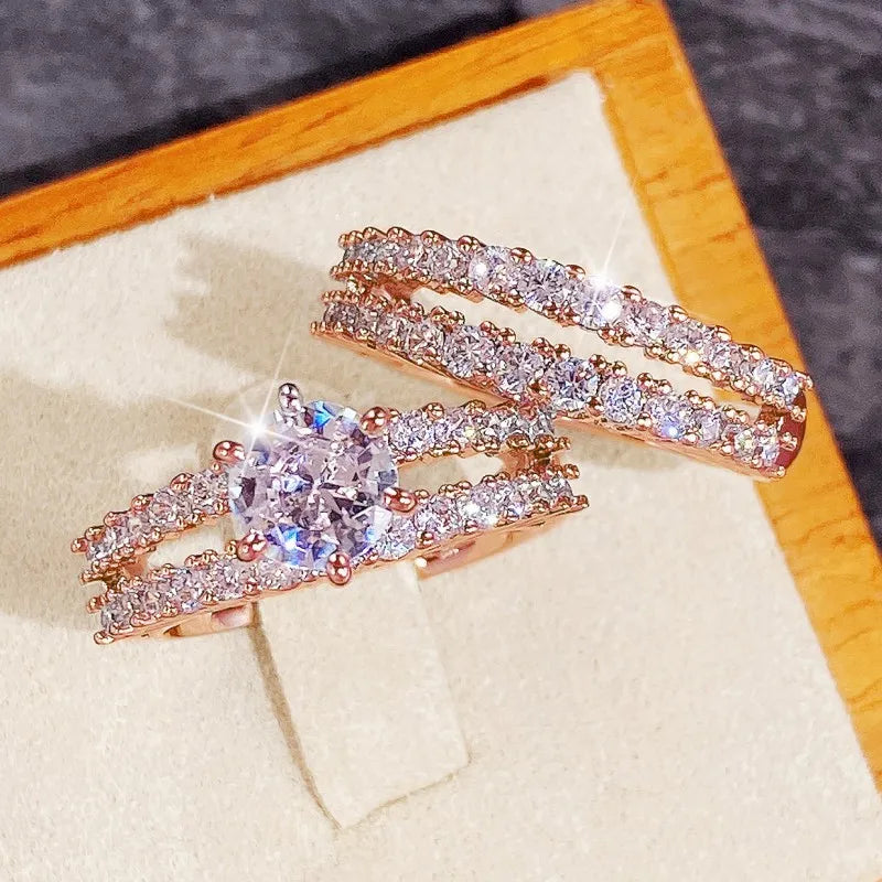 Huitan Hollow Bling Ring Set – 2-Piece Iced-Out CZ Luxury Wedding & Engagement Style