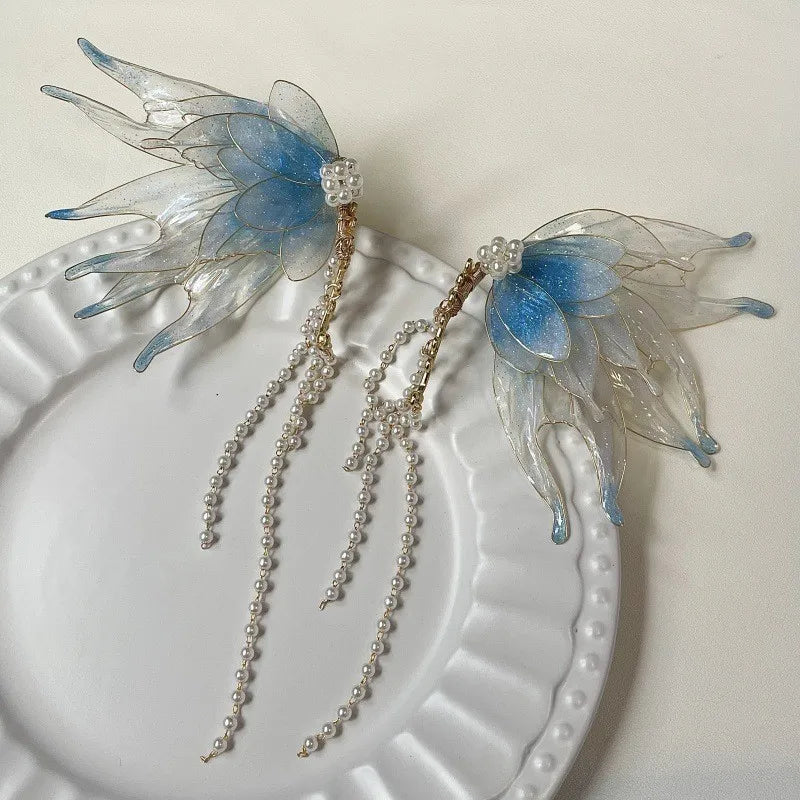 Butterfly & Mermaid Pearl Tassel Ear Cuffs – Elegant Non-Piercing Fairy-Style Earrings