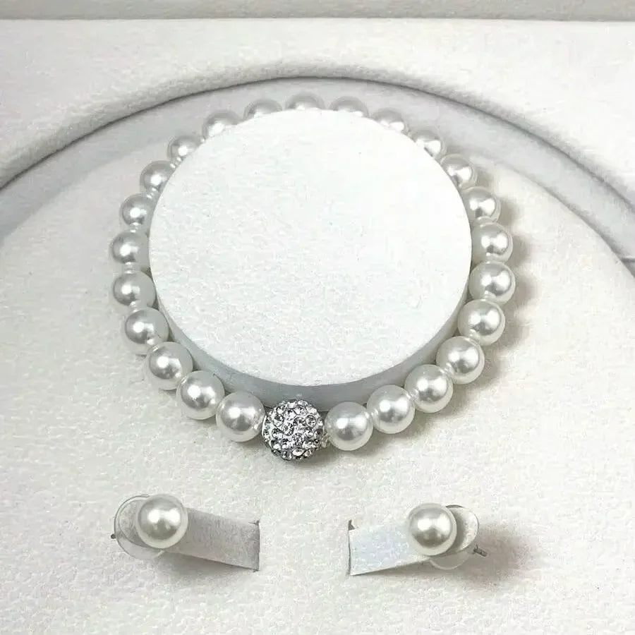 3-Piece Pearl Fireball Jewelry Set – Elegant Silver Necklace, Bracelet & Stud Earrings for Brides