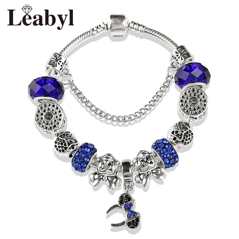 Disney Pink Crystal Charm Bracelet – Colorful Handmade Enamel Beads for Women