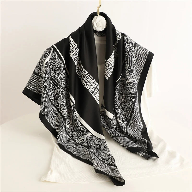 Silk Feel Scarf – Twill Square Wrap with Luxury Tree Print for Hair, Neck & Hijab