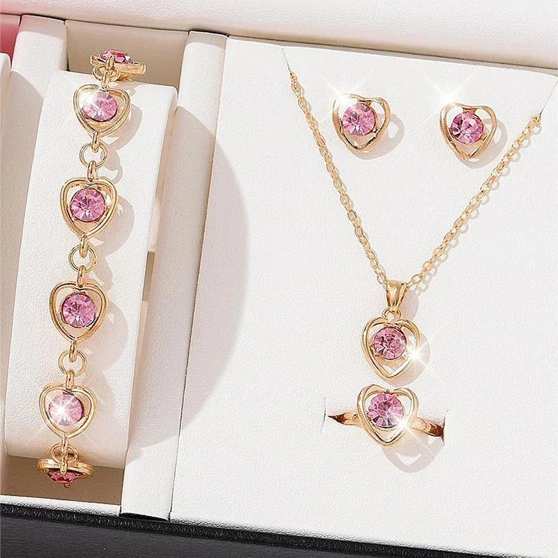 5-Piece Gold Heart Jewelry Set – Elegant Double Heart Necklace, Ring & Earrings with Rhinestones