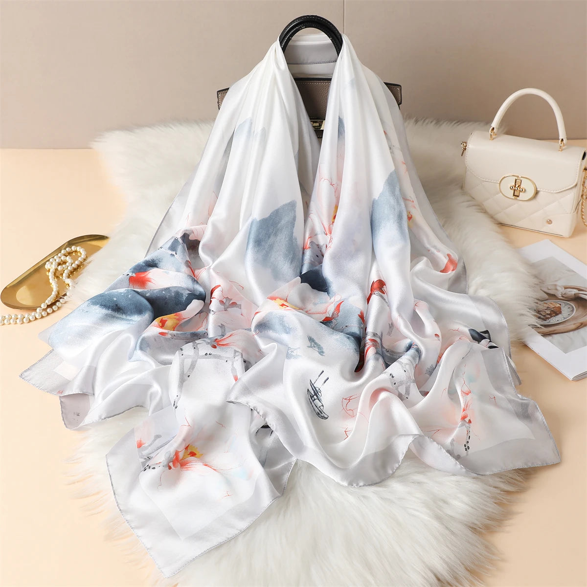 Luxury Silk Satin Scarf –  Large Wrap for Women, Elegant Beach & Hijab Style