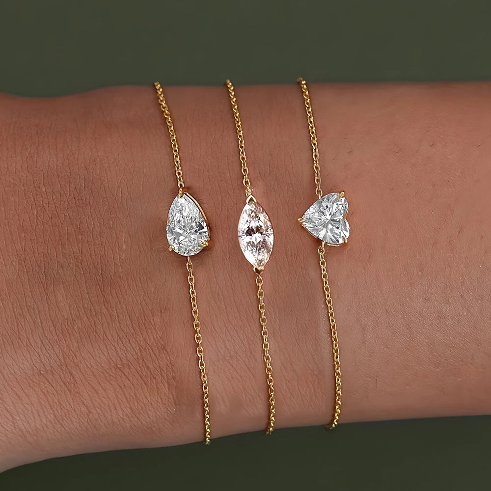 Solitaire Moissanite Bracelet – Pear, Marquise or Heart Cut in 18K-Plated S925 Silver with Certificate