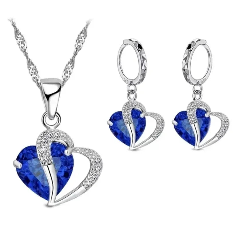 2-Piece Heart Jewelry Set – Metal Necklace & Earrings with Blue Glass Stone & CZ Gem Accents