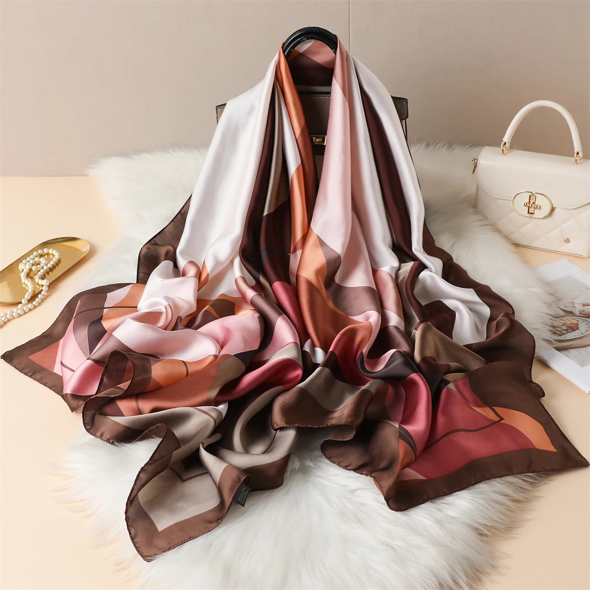 Luxury Silk Satin Scarf –  Large Wrap for Women, Elegant Beach & Hijab Style