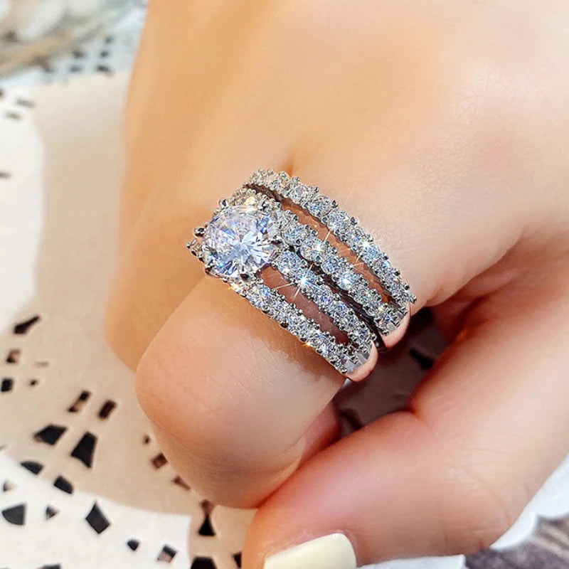 Huitan Hollow Bling Ring Set – 2-Piece Iced-Out CZ Luxury Wedding & Engagement Style