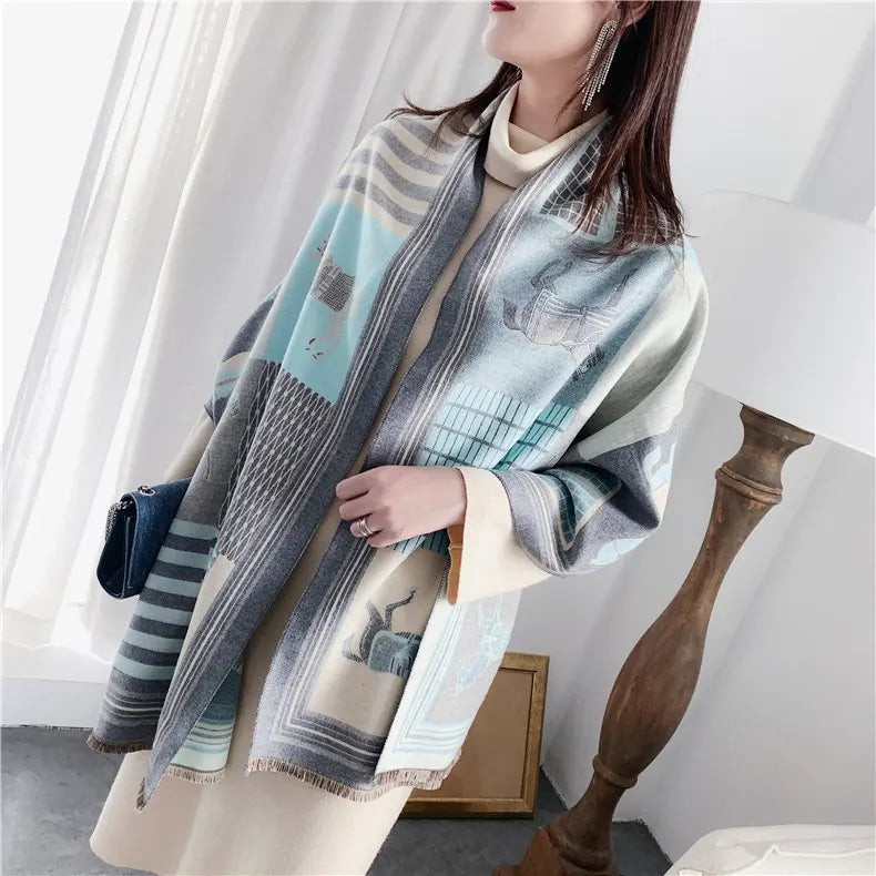 Luxury Cashmere Scarf – Thick Horse Print Winter Shawl for Women, Warm & Elegant Gift
