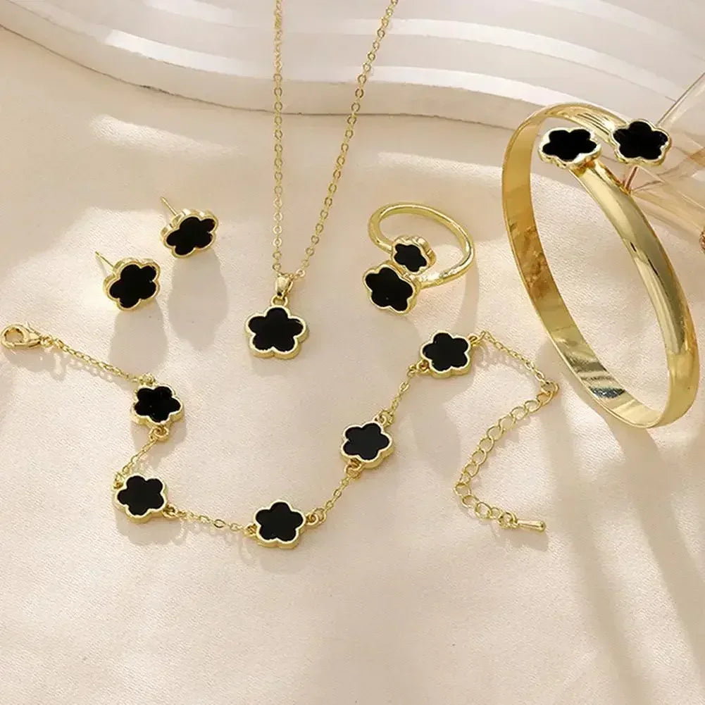 5-Piece Plum Blossom Jewelry Set – Elegant Floral Earrings, Ring, Bracelet & Necklace Gift Set