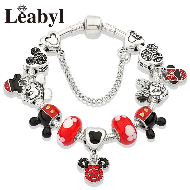 Disney Pink Crystal Charm Bracelet – Colorful Handmade Enamel Beads for Women