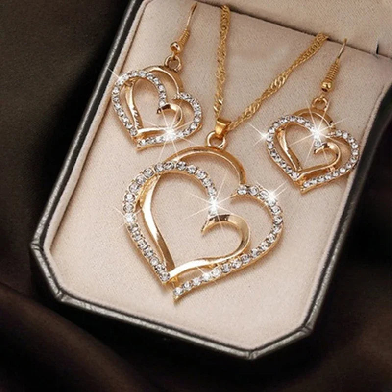 3-Piece Double Heart Jewelry Set – Rhinestone Necklace & Earrings for Women