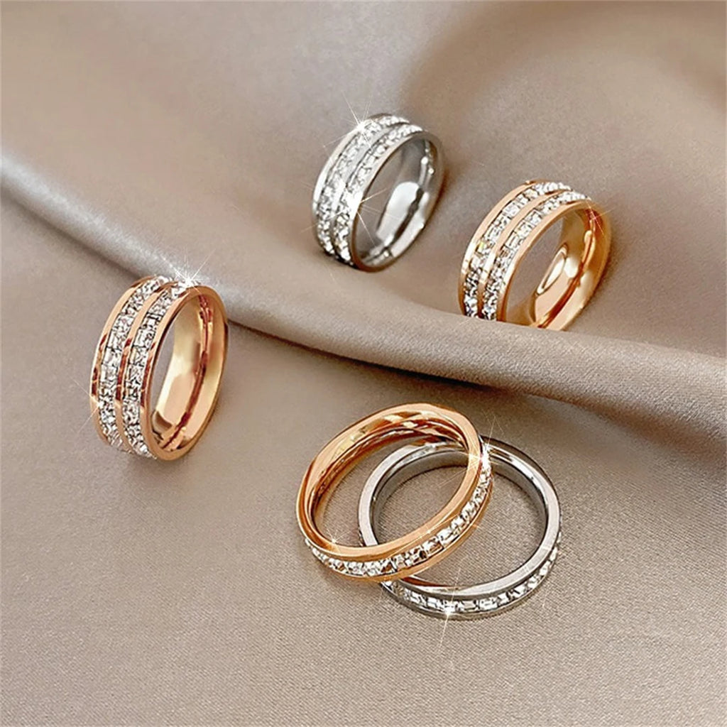 Rose Gold Double-Row Zircon Ring – Romantic Square-Cut Stainless Steel Band for Weddings & Parties