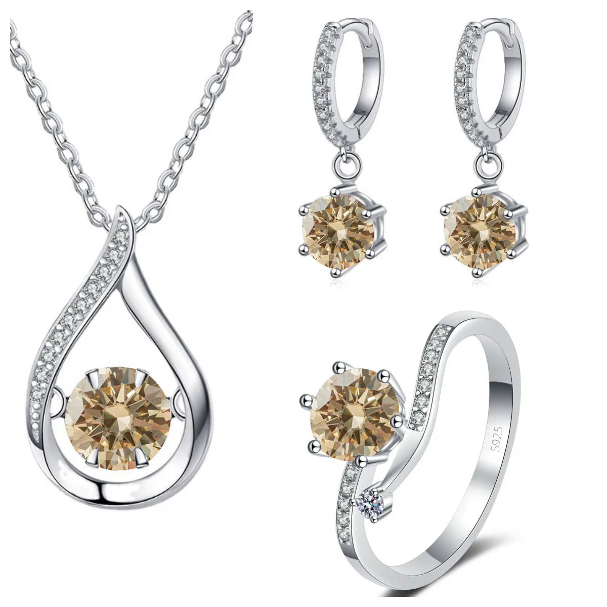 925 Silver Moissanite Jewelry Set – Solitaire Necklace, Ring & Stud Earrings for Men or Women