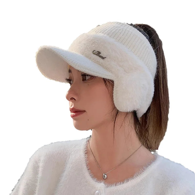 Winter Ear-Wing Knit Baseball Cap – Warm 2024 Windproof Ponytail Hat for Women
