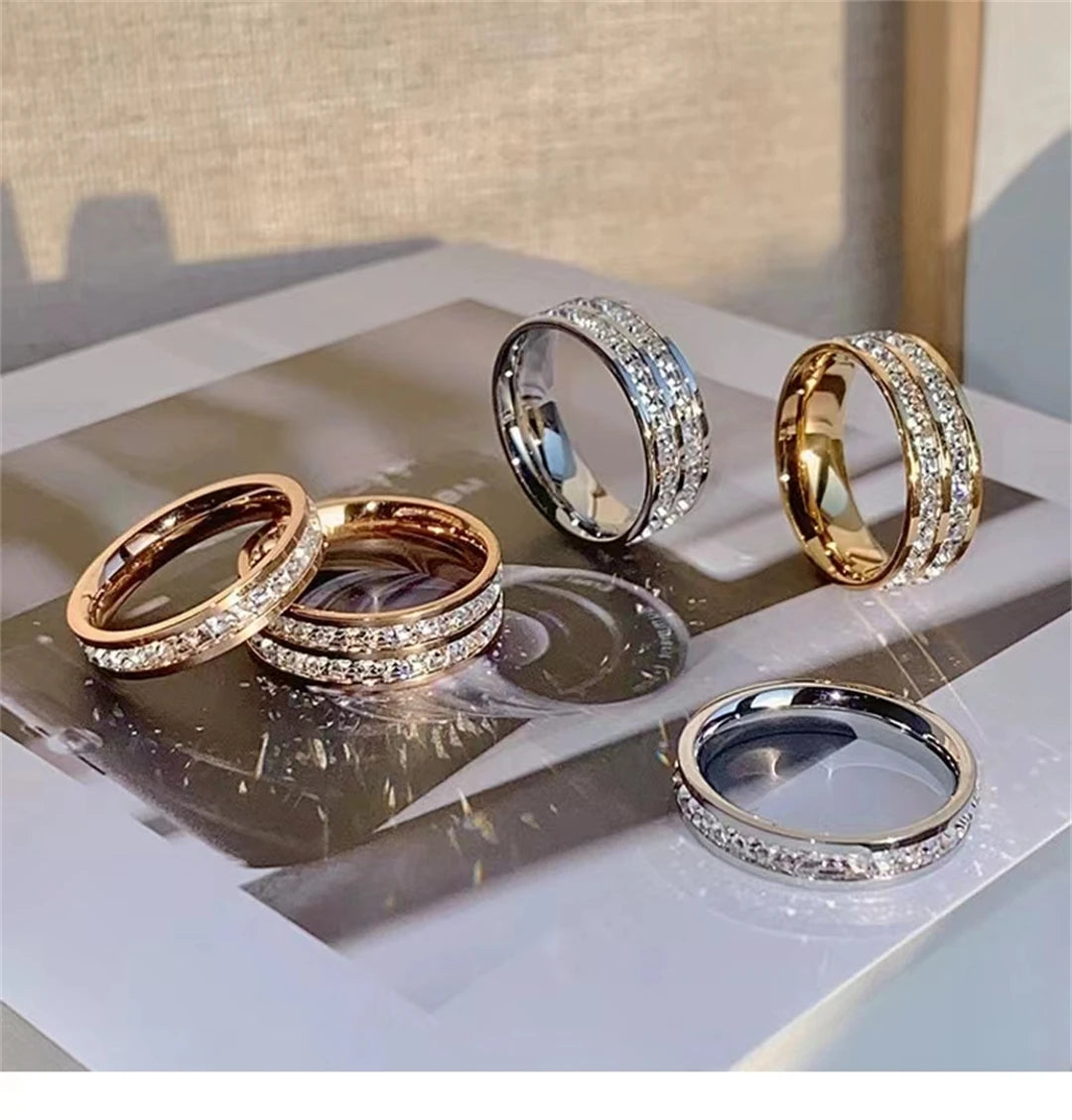 Rose Gold Double-Row Zircon Ring – Romantic Square-Cut Stainless Steel Band for Weddings & Parties