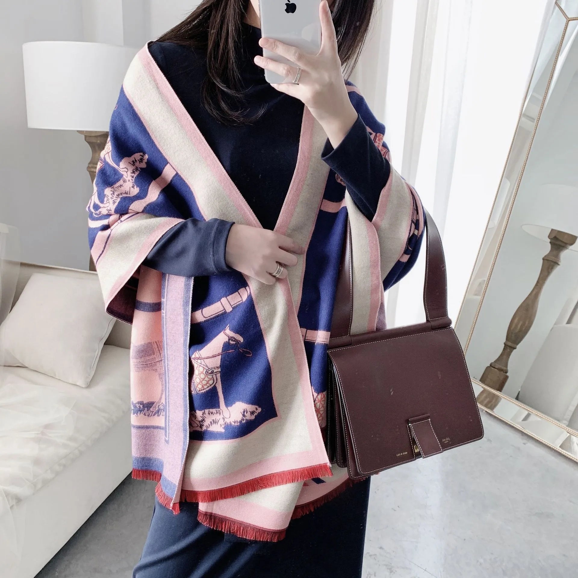 Luxury Cashmere Scarf – Thick Horse Print Winter Shawl for Women, Warm & Elegant Gift