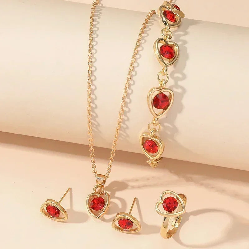 5-Piece Gold Heart Jewelry Set – Elegant Double Heart Necklace, Ring & Earrings with Rhinestones